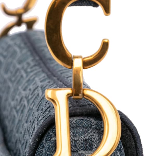 Pre-owned Dior Oblique Embroidered Denim Saddle Bag Blue