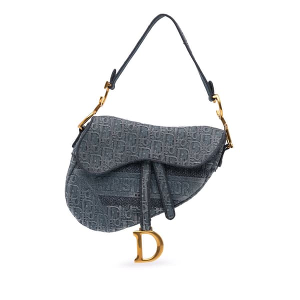 Pre-owned Dior Oblique Embroidered Denim Saddle Bag Blue
