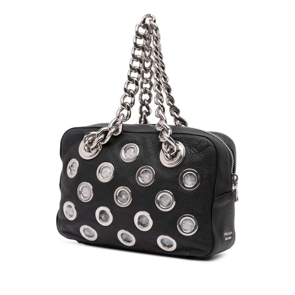 Pre-owned Prada Vitello Daino Grommet Chain Shoulder Bag Black