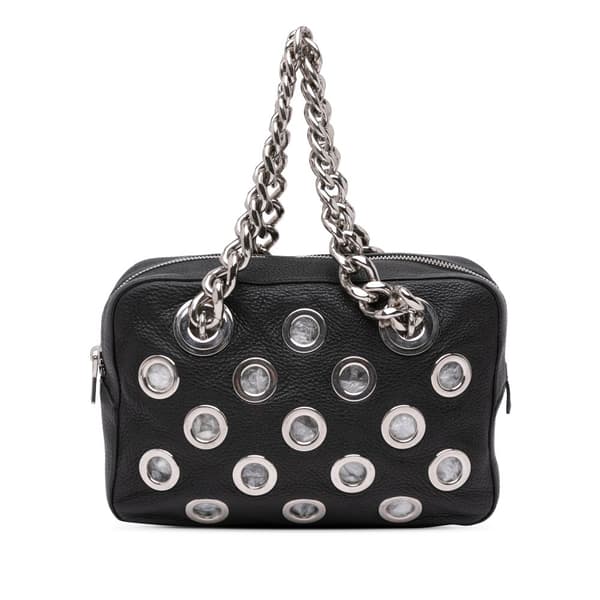 Pre-owned Prada Vitello Daino Grommet Chain Shoulder Bag Black