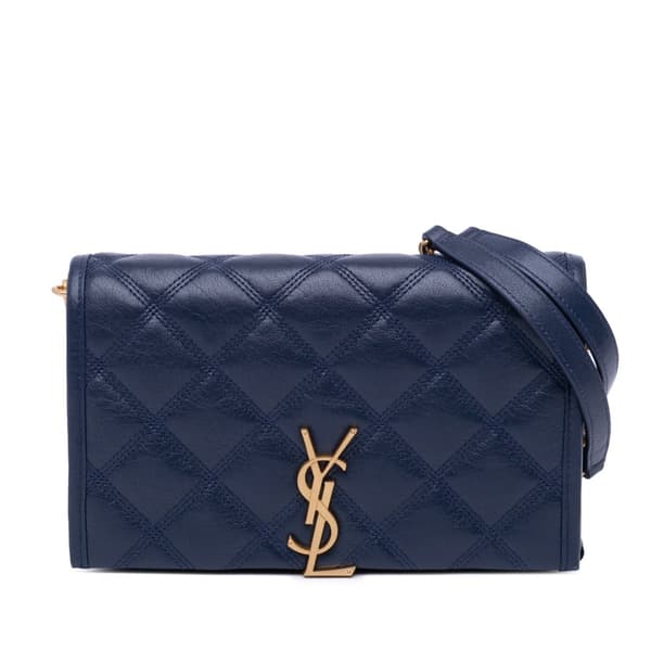 Pre-owned Saint Laurent Quilted Diamond Lambskin Becky Wallet on Chain Blue