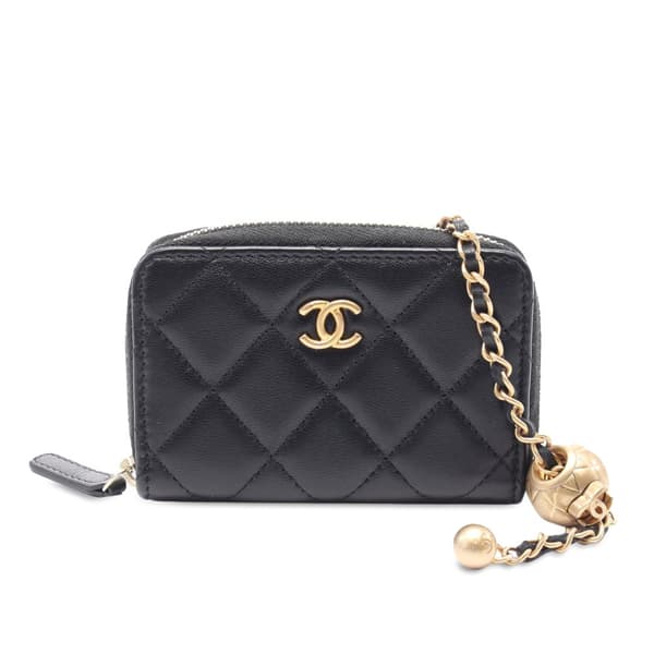 Pre-owned Chanel Mini Lambskin Pearl Crush Card Holder On Chain Black