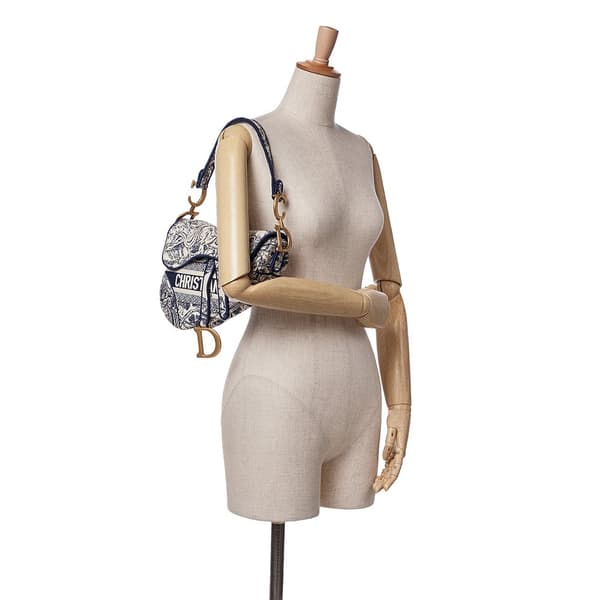 Pre-owned Dior Canvas Embroidered Toile de Jouy Saddle Bag Blue