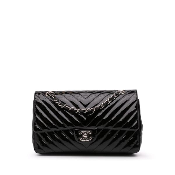 Pre-owned Chanel Medium Classic Chevron Patent Double Flap Black