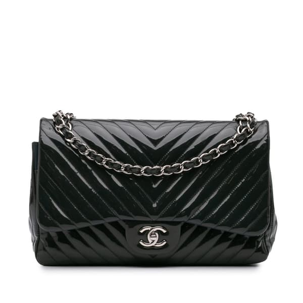 Pre-owned Chanel Jumbo Classic Chevron Patent Double Flap Blue