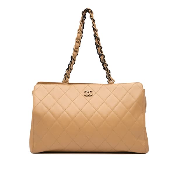 Pre-owned Chanel CC Quilted Lambskin Chain Shoulder Bag Brown