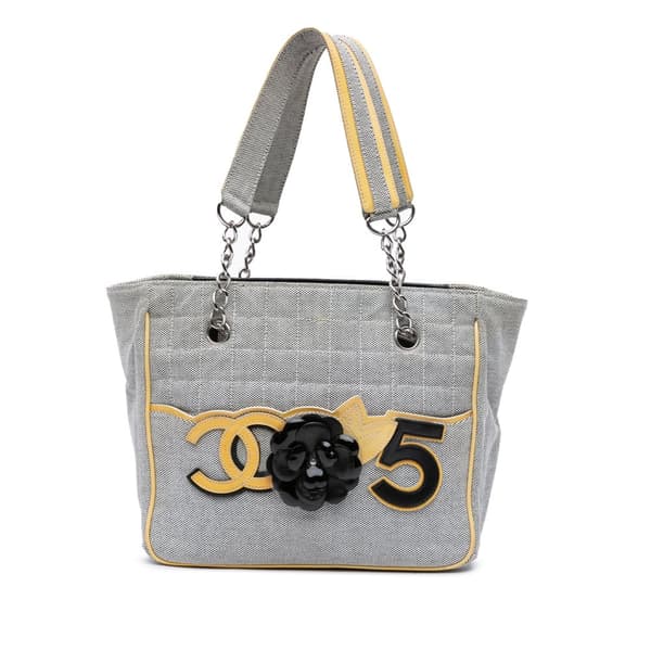 Pre-owned Chanel CC Camellia No. 5 Choco Bar Canvas Tote Gray