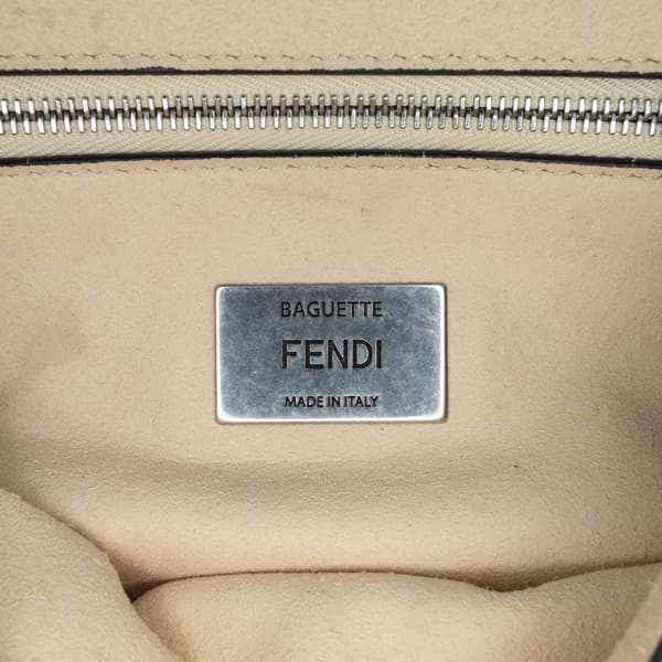 Pre-owned Fendi FF Chenille and Vitello Seta Chain Midi Baguette Brown