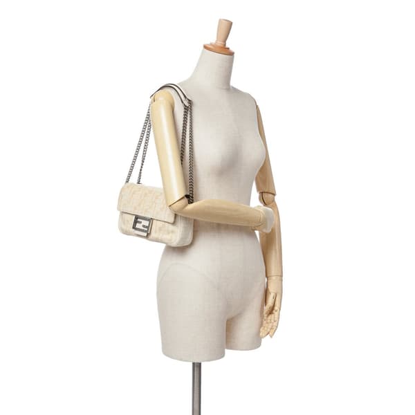 Pre-owned Fendi FF Chenille and Vitello Seta Chain Midi Baguette Brown