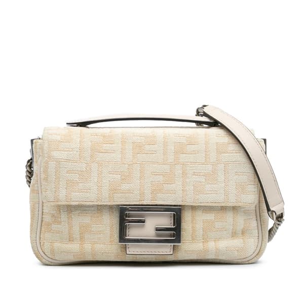 Pre-owned Fendi FF Chenille and Vitello Seta Chain Midi Baguette Brown