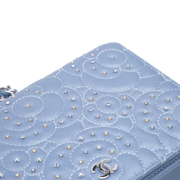 Pre-owned Chanel Studded Lambskin Camellia Wallet On Chain Purple