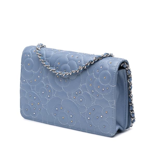 Pre-owned Chanel Studded Lambskin Camellia Wallet On Chain Purple