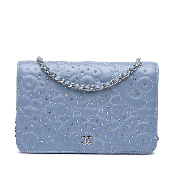 Pre-owned Chanel Studded Lambskin Camellia Wallet On Chain Purple