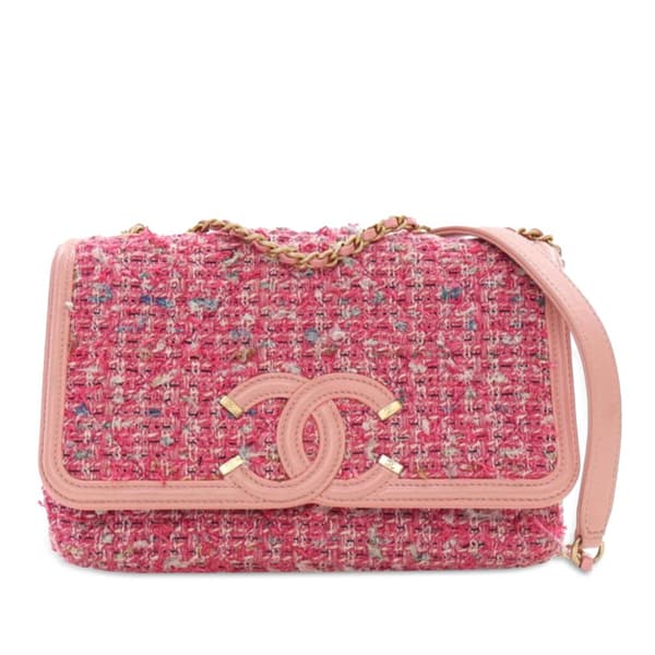 Pre-owned Chanel Medium Tweed CC Filigree Flap Pink