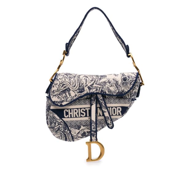 Pre-owned Dior Canvas Embroidered Toile de Jouy Saddle Bag Blue