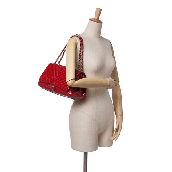 Pre-owned Chanel CC Chevron Patent Accordion Single Flap Red