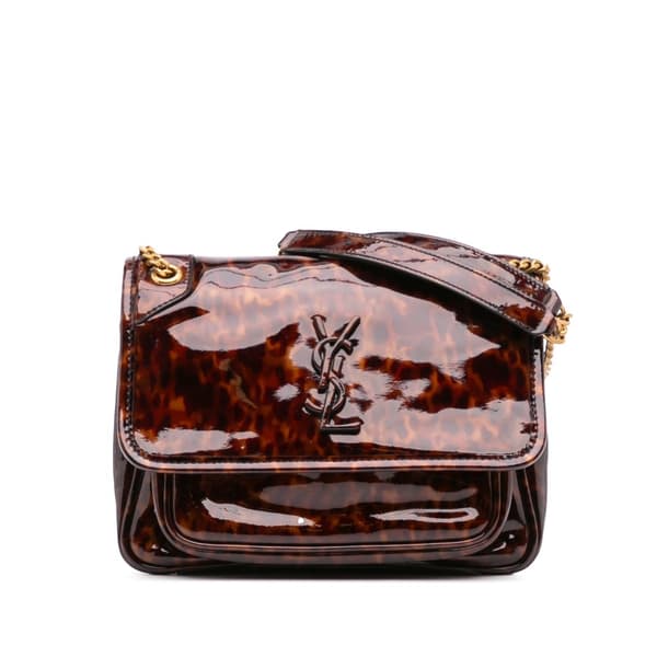 Pre-owned Saint Laurent Baby Patent Leopard Print Niki Shoulder Bag Brown