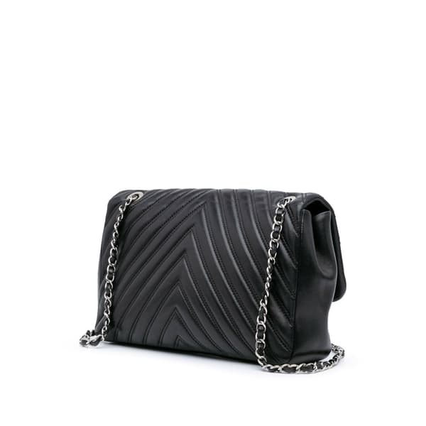 Pre-owned Chanel Jumbo Classic Chevron Lambskin Double Stitch Single Flap Black