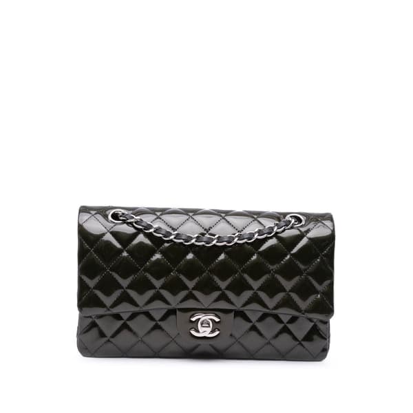 Pre-owned Chanel Medium Classic Striped Patent Double Flap Black