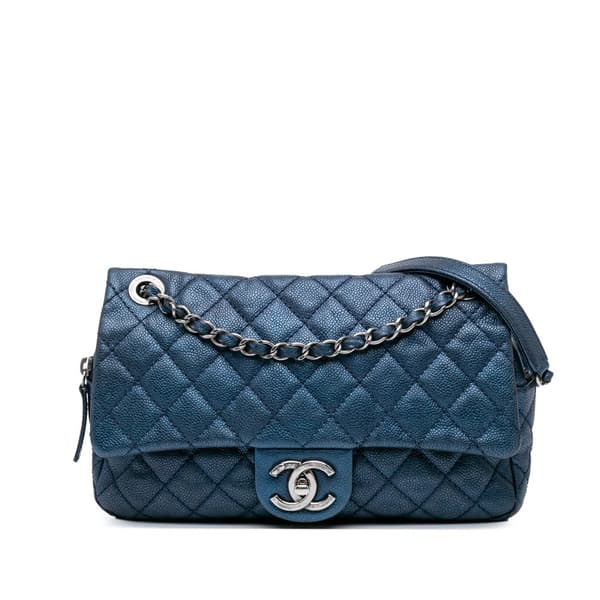 Pre-owned Chanel Jumbo Iridescent Quilted Caviar Easy Flap Blue