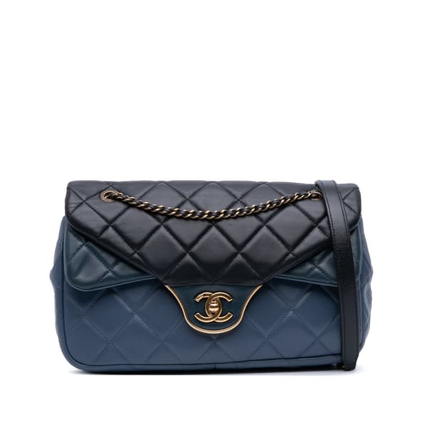 Pre-owned Chanel CC Tricolor Quilted Lambskin Double Flap Blue