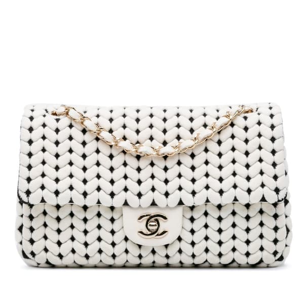 Pre-owned Chanel Medium Calfskin and Wool Knit Single Flap White