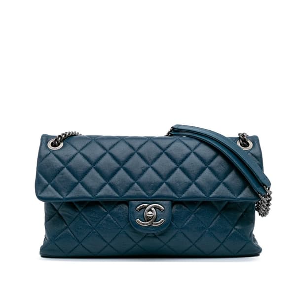 Pre-owned Chanel Large Shiny Quilted Lambskin Burgundy Rocks Flap Blue