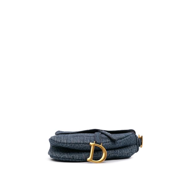 Pre-owned Dior Oblique Embroidered Denim Saddle Bag Blue