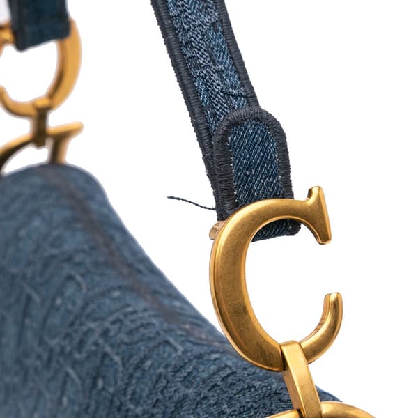 Pre-owned Dior Oblique Embroidered Denim Saddle Bag Blue