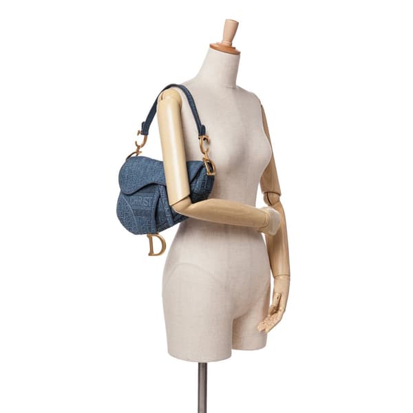 Pre-owned Dior Oblique Embroidered Denim Saddle Bag Blue