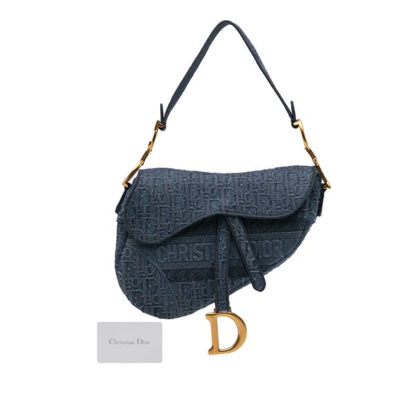 Pre-owned Dior Oblique Embroidered Denim Saddle Bag Blue