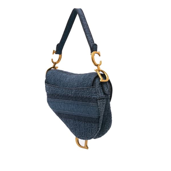 Pre-owned Dior Oblique Embroidered Denim Saddle Bag Blue