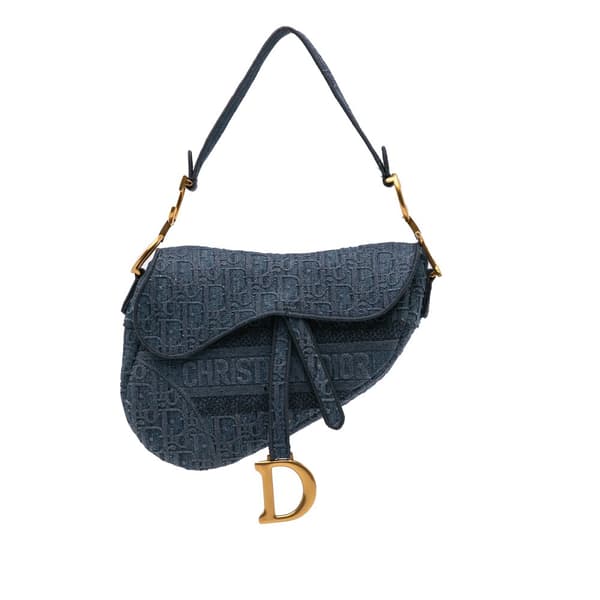 Pre-owned Dior Oblique Embroidered Denim Saddle Bag Blue