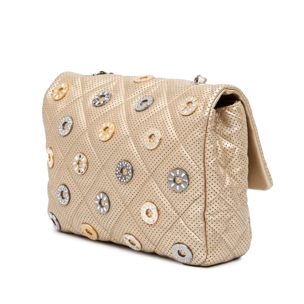 Pre-owned Chanel Paris-Dubai Small Perforated Metallic Lambskin Medals Flap Gold