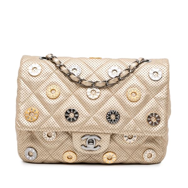 Pre-owned Chanel Paris-Dubai Small Perforated Metallic Lambskin Medals Flap Gold