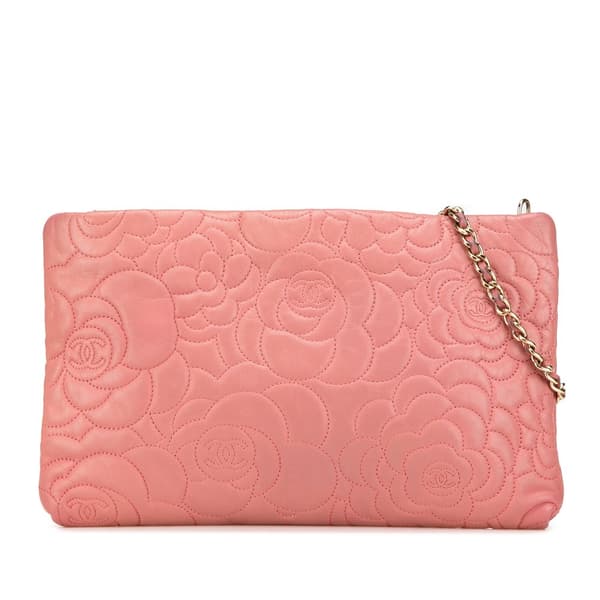 Pre-owned Chanel Embossed Lambskin Camellia Chain Pochette Pink