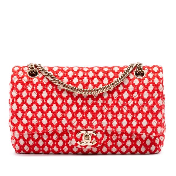 Pre-owned Chanel Medium Quilted Tweed Bijoux Chain Double Flap Red