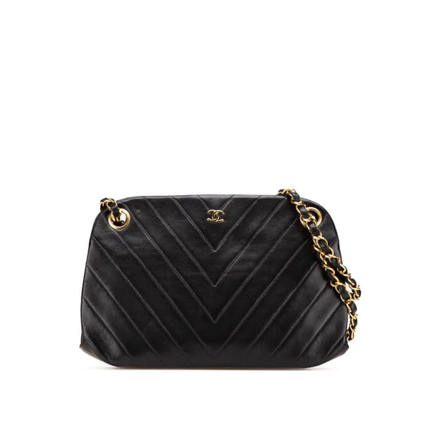 Pre-owned Chanel CC Chevron Lambskin Frame Chain Shoulder Bag Black