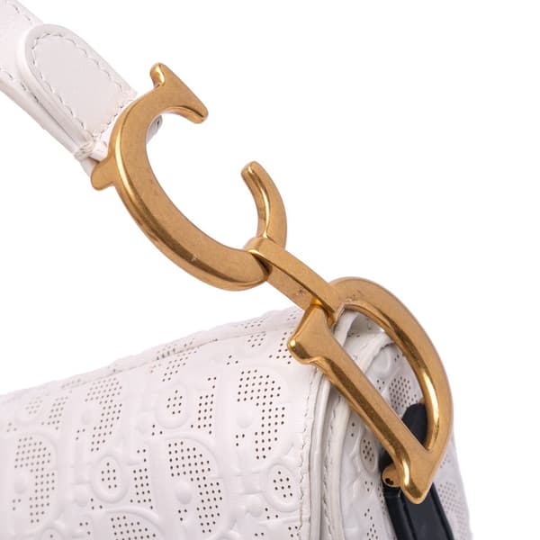 Pre-owned Dior Perforated Oblique Embossed Calfskin Saddle Bag White