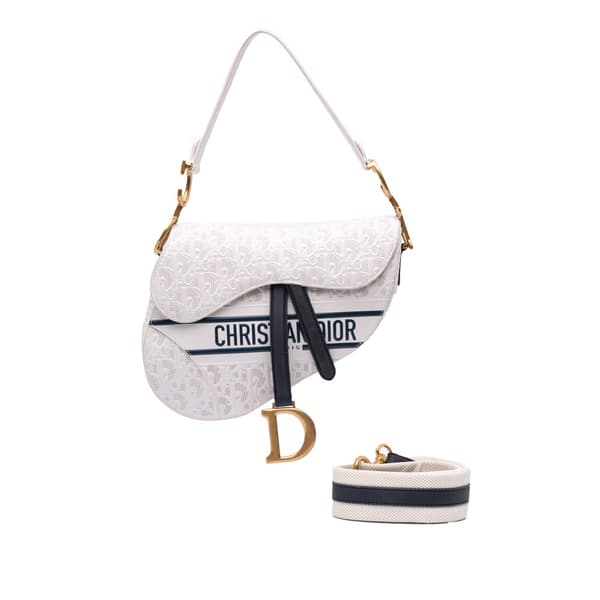 Pre-owned Dior Perforated Oblique Embossed Calfskin Saddle Bag White