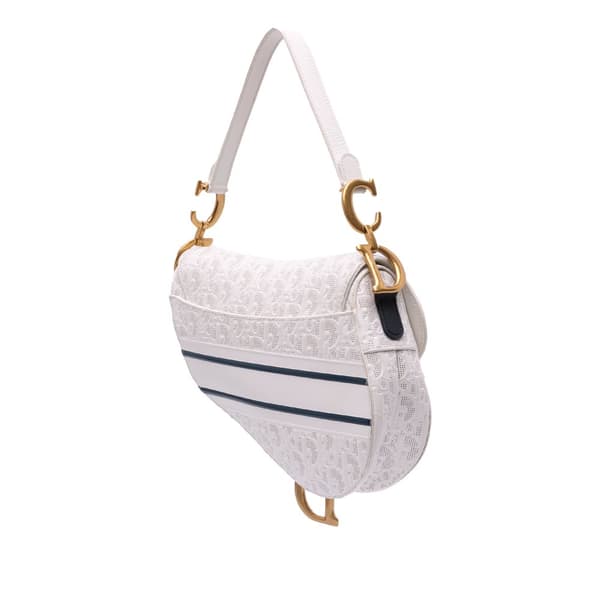 Pre-owned Dior Perforated Oblique Embossed Calfskin Saddle Bag White