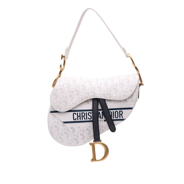 Pre-owned Dior Perforated Oblique Embossed Calfskin Saddle Bag White