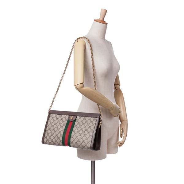 Pre-owned Gucci Medium GG Supreme Ophidia Web Chain Shoulder Bag Brown