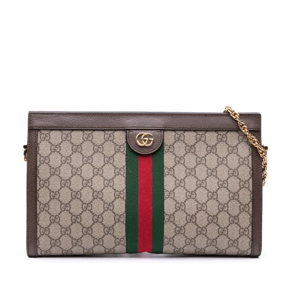 Pre-owned Gucci Medium GG Supreme Ophidia Web Chain Shoulder Bag Brown