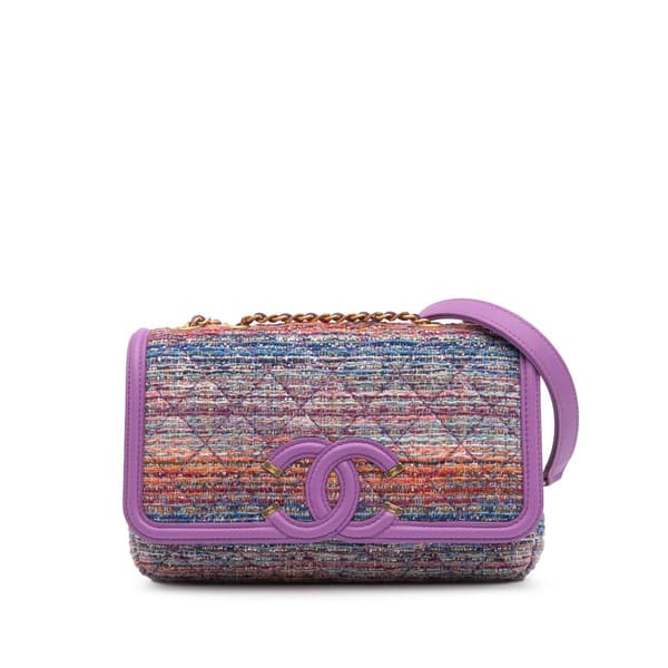 Pre-owned Chanel Medium Tweed CC Filigree Flap Purple