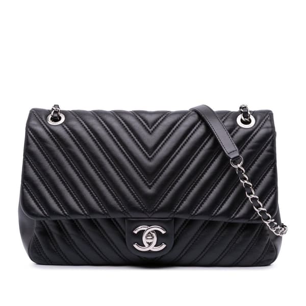 Pre-owned Chanel Jumbo Classic Chevron Lambskin Double Stitch Single Flap Black