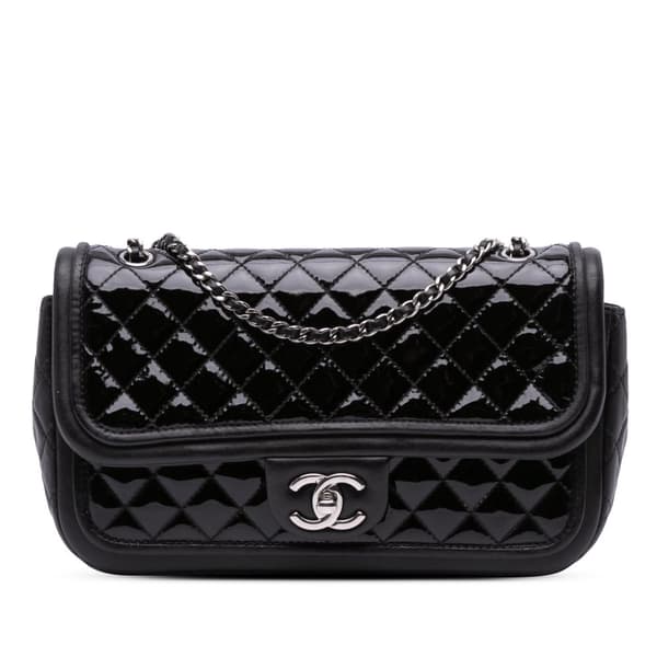 Pre-owned Chanel Medium Quilted Patent and Lambskin Classic Twist Flap Black