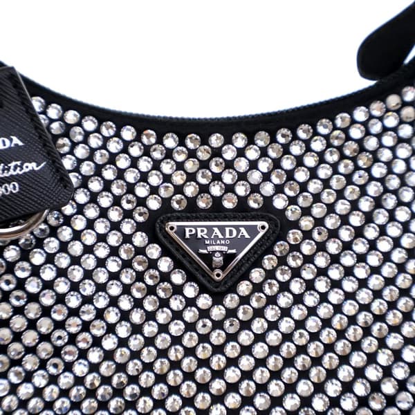 Pre-owned Prada Mini Satin Crystal Re-Edition 2000 Shoulder Bag Black