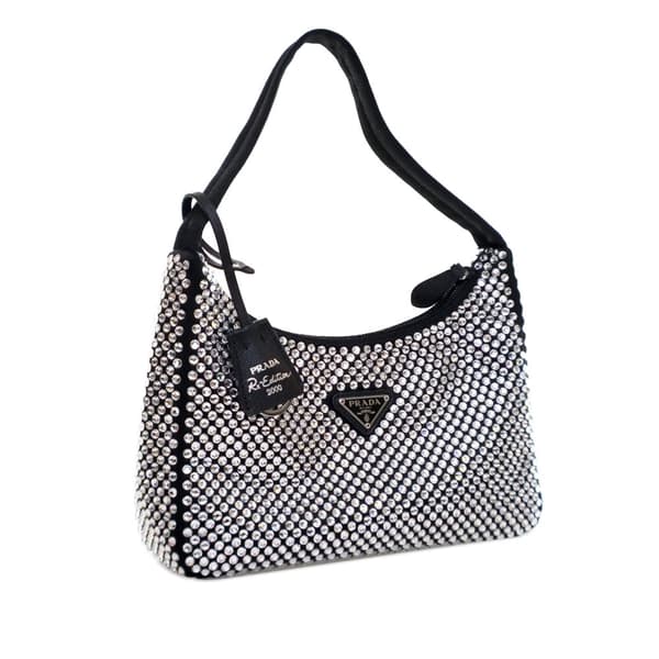 Pre-owned Prada Mini Satin Crystal Re-Edition 2000 Shoulder Bag Black