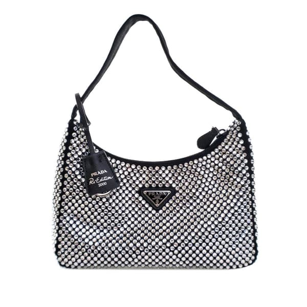 Pre-owned Prada Mini Satin Crystal Re-Edition 2000 Shoulder Bag Black